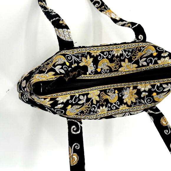 Vera Bradley Tote Shoulder Bag Medium Size Black Yellow Floral Print Pockets - Picture 4 of 8
